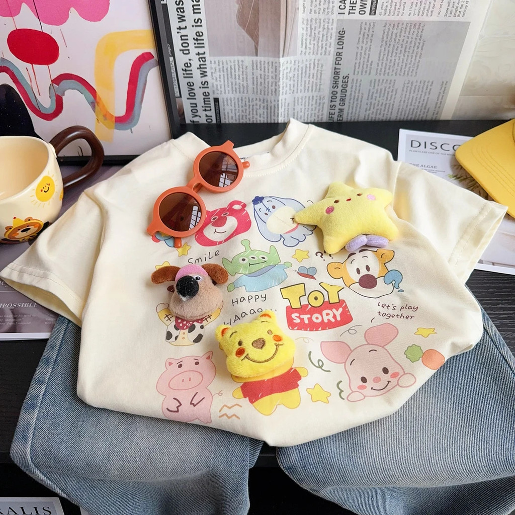 Crianças verão tridimensional dos desenhos animados boneca de manga curta camiseta 2025 novo estilo bebê menino em torno