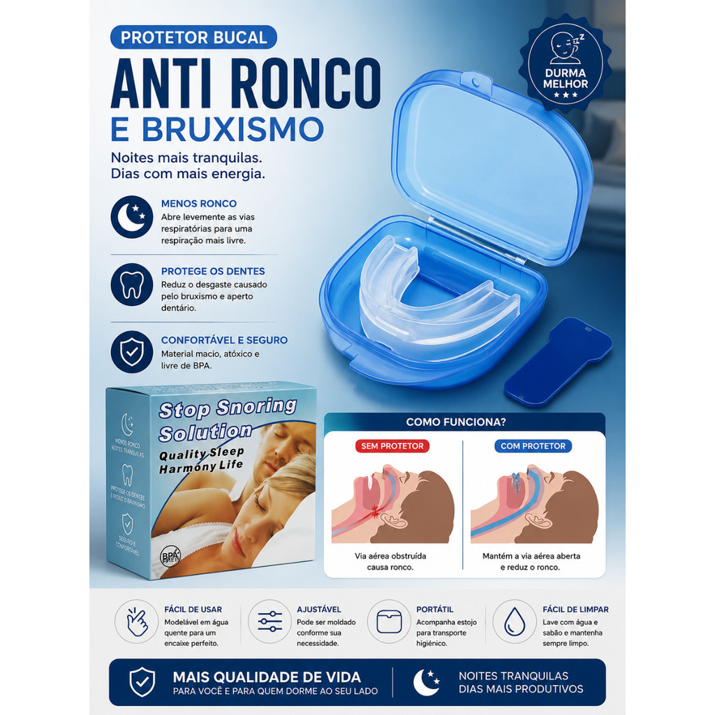 Protetor Bucal Anti Ronco de Silicone Moldável com Estojo para Uso Noturno
