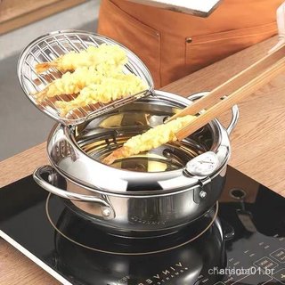 Fritadeira profunda de aço inoxidável 304 fabricada no Japão, com termômetro e tampa, 20 cm, LGQA AEML