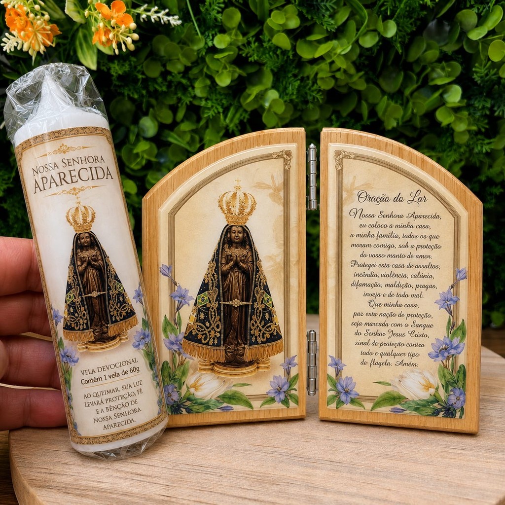 Kit Oratório Devocional Nossa Senhora Aparecida Vela Branca 