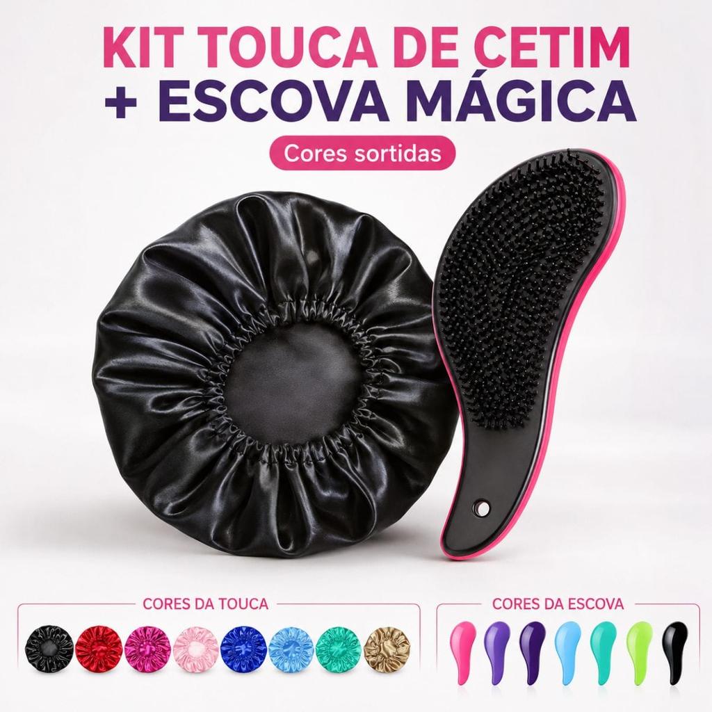 Kit Touca de Cetim + Escova Mágica Desembaraçadora, 2 Peças – Protege os Fios e Desembaraça, Cores Sortidas