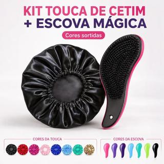 Kit Touca de Cetim + Escova Mágica Desembaraçadora, 2 Peças – Protege os Fios e Desembaraça, Cores Sortidas