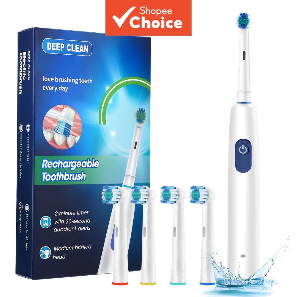 Escova de dentes elétrica giratória, cabeça redonda, à prova d’água IPX7, escova de dentes recarregável para limpeza dos