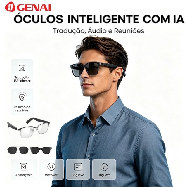 Óculos Inteligente de Áudio Bluetooth com IA, Tradução Instantânea 139 Idiomas-3 Armações Intercambiáveis-Som Aberto 3D