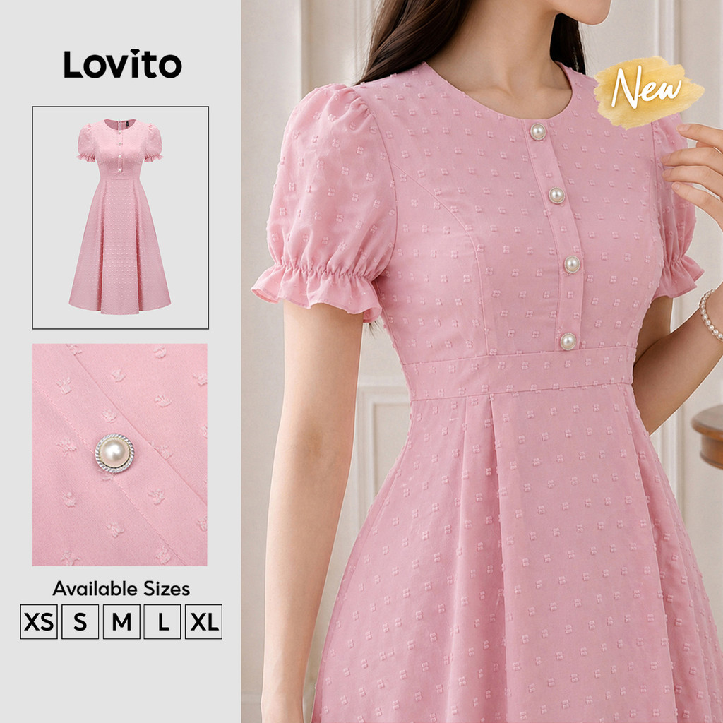 (New Arrival) Lovito Vestido Casual Feminino Rosa Pérolas Drapeado primavera/verão DRK9P1D291