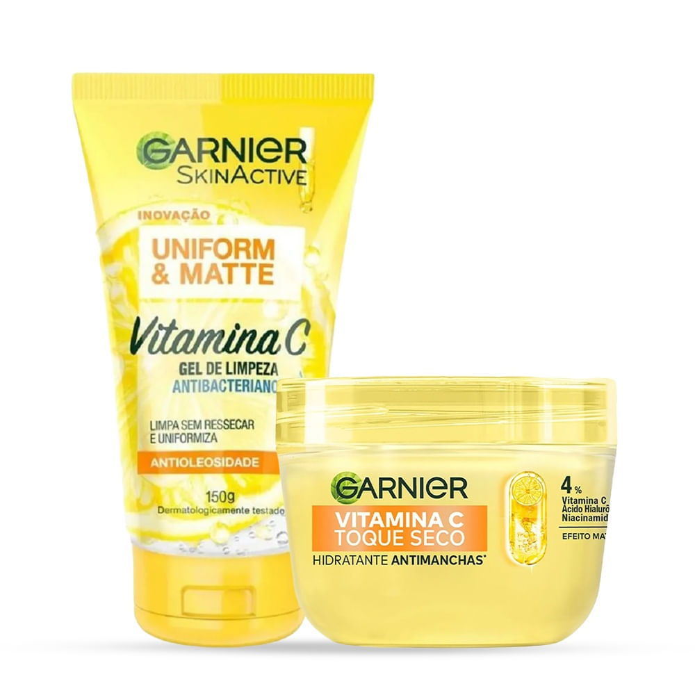 Kit Garnier Vitamina C Gel de Limpeza Facial Uniforme + Hidratante Facial Antimanchas Toque Seco 85g