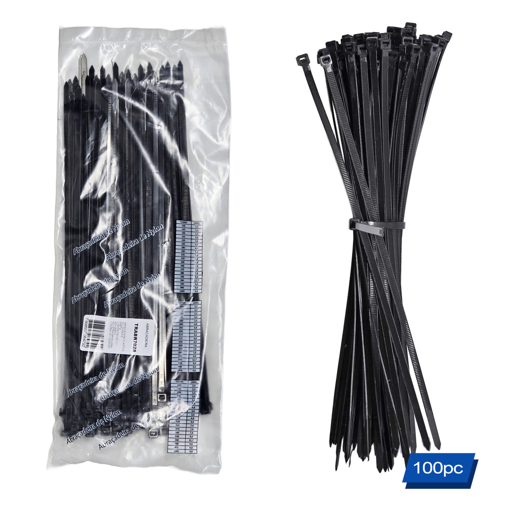 100 Peças Abraçadeira Nylon Preta 28cm X 4,8mm Trabr7028