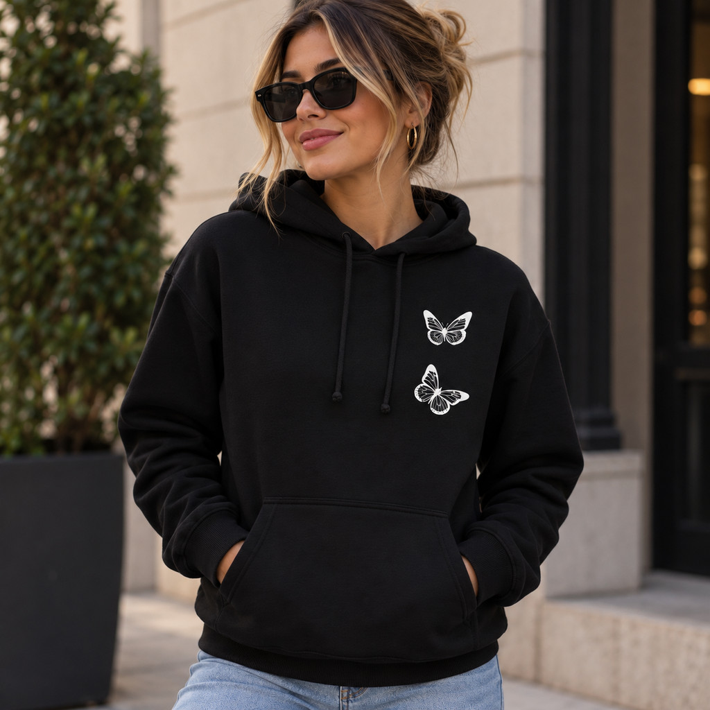 Moletom Masculino Feminina Unissex Canguru Flanelado Borboleta Capuz Peluciado Inverno Blusa De Frio Estilo Gringo