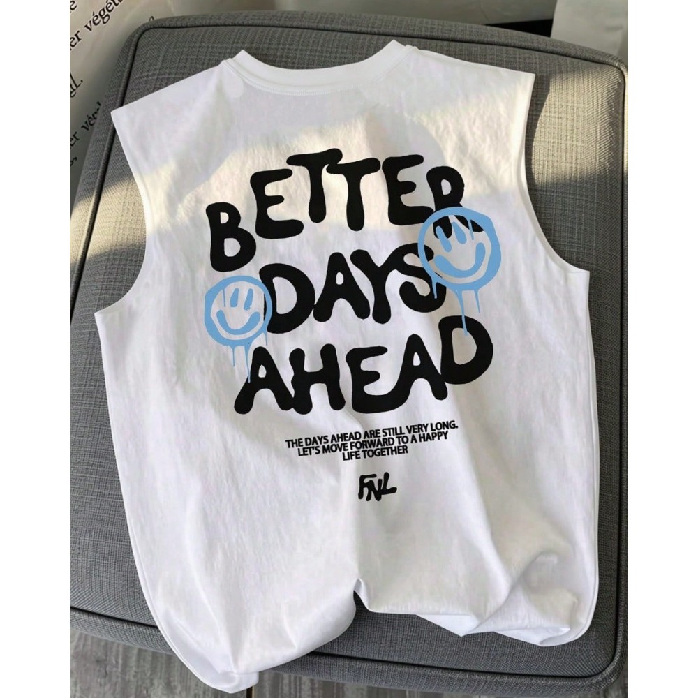 Regata Masculina Estampada Frente e Costas Better Days Smile Camisa sem Mangas Casual Básica Branca Algodão