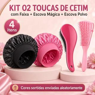 Kit 2 Toucas de Cetim com Faixa + Escova Polvo e Mágica Antifrizz