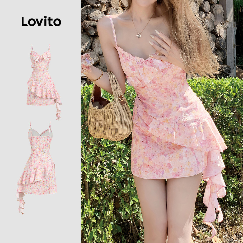 Lovito Padrão de Vestido Boho com Babados No Estilo Resort Vestido de para mulheres L200AD259