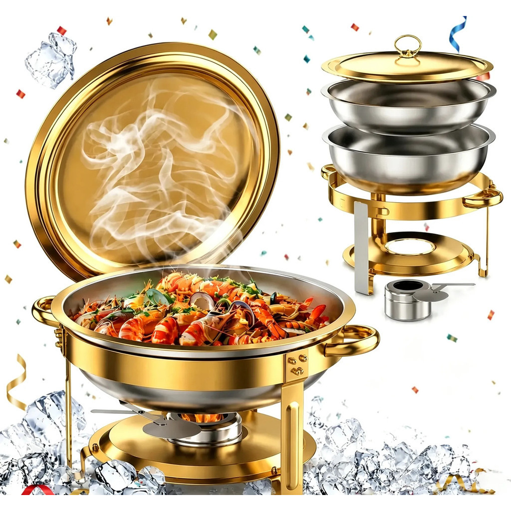 Rechaud Redondo 6 L Aço Inoxrico Comida Banho Maria Buffet golden