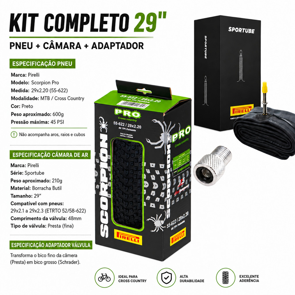 Pneu Pirelli Scorpion Aro 29 x 2.20 Kevlar Sem arame Cravudo Mtb + Camara Pirelli Bico fino + brinde