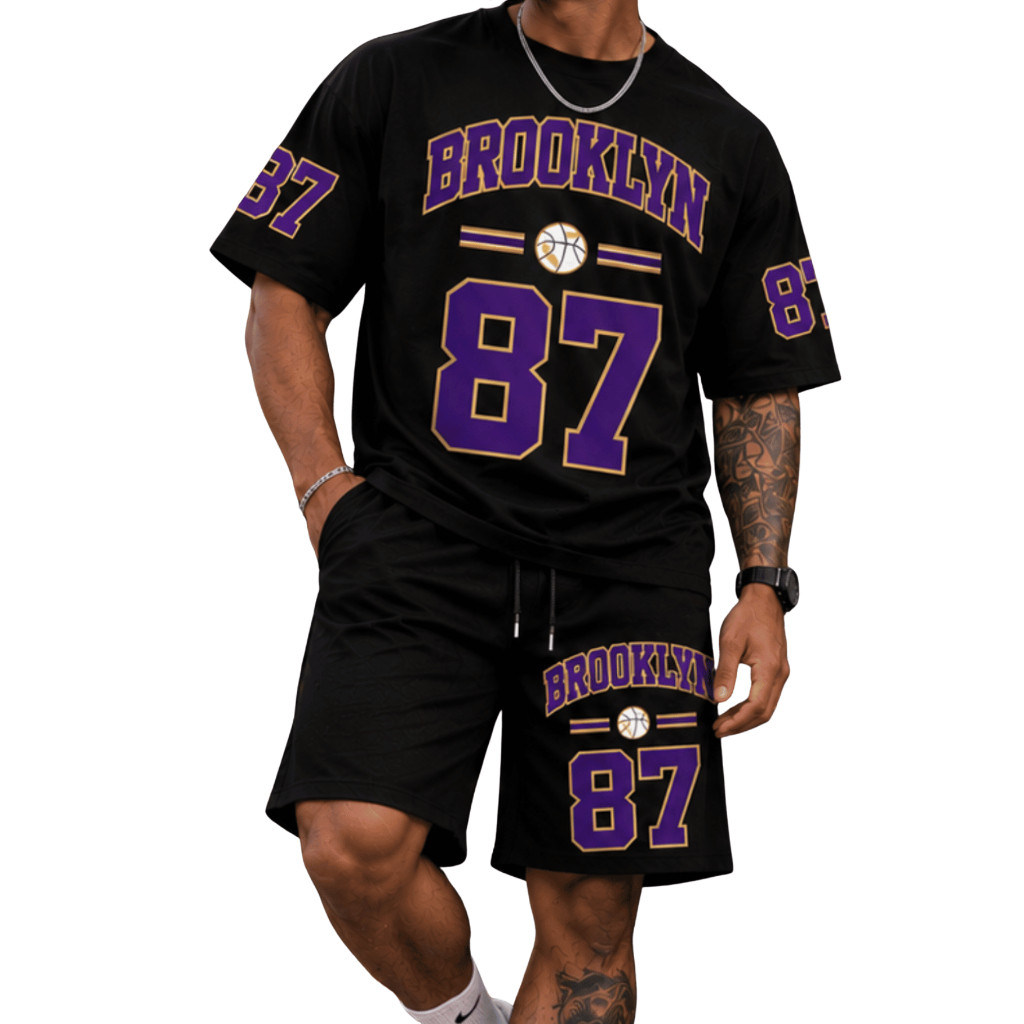 Conjunto Masculino Streetwear Camiseta e Bermuda Brooklyn 87 Oversized Moda Urbana Esportiva envio imediato
