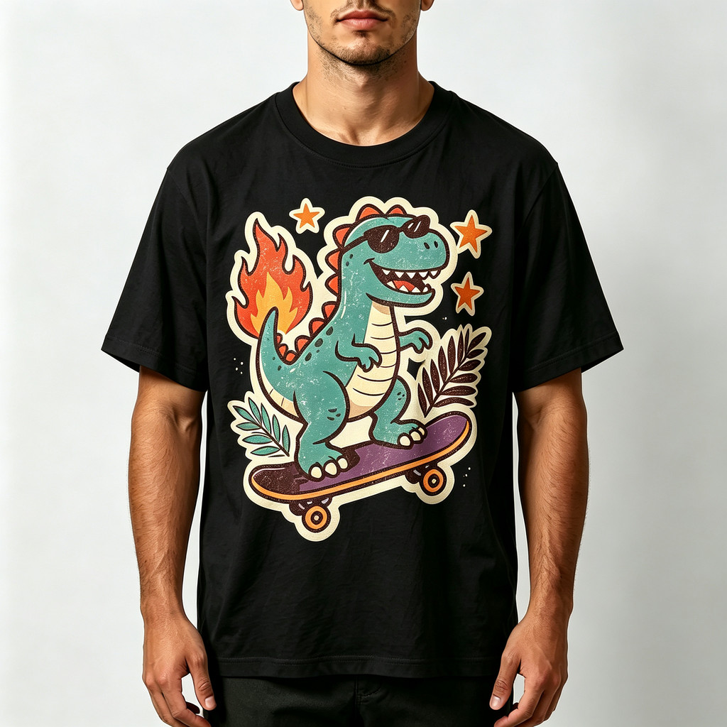 Camiseta Masculina 100% Algodão Impressão Gráfica De Dinossauro Skate Modelo Oversize Para Lazer E Passeios