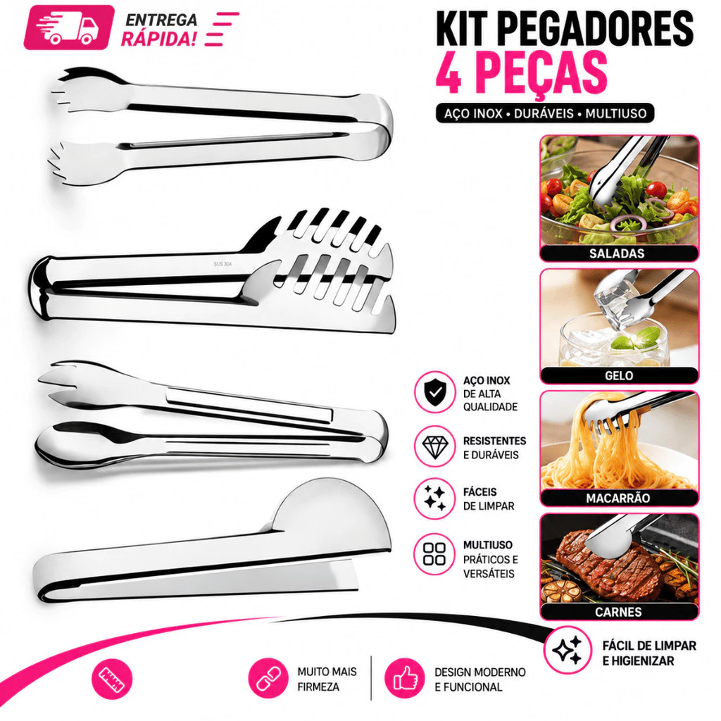 Utensílios para Cozinha Inox Pegador de Massa 20cm Universal 20cm Salada 20cm Gelo 18,5cm Casa Cozinha Restaurante