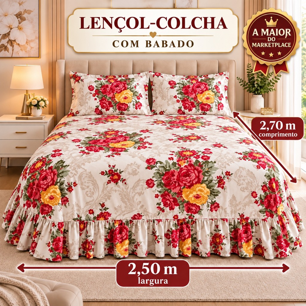 Kit Colcha Lençol com Babado Queen 3 Peças Micropercal 800 Fios Toque de Algodão - Kit Completo com Fronhas
