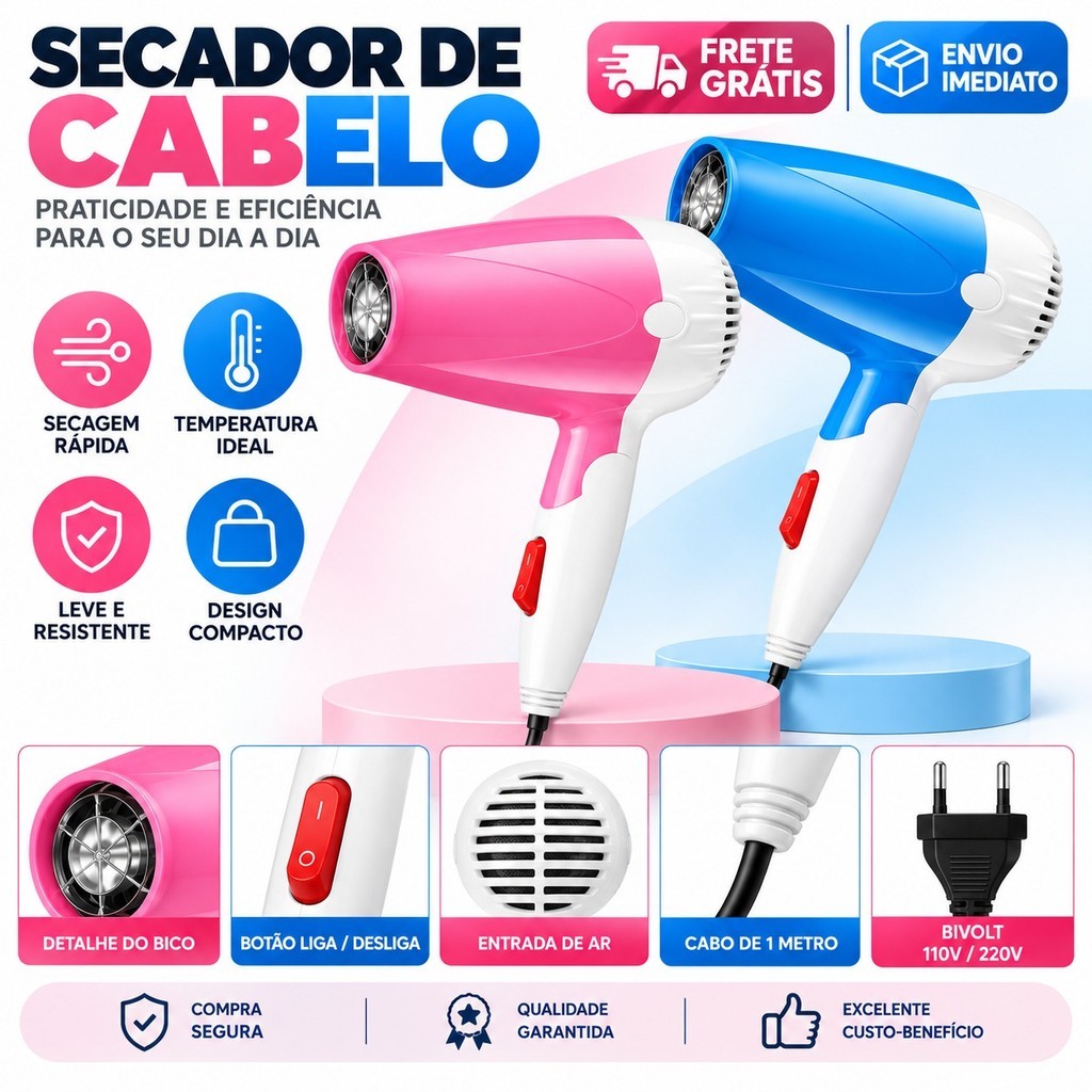 Secador de Cabelo Ultra Potente 1000W 110V Secagem Super Rápida Ar Quente - YD-3235
