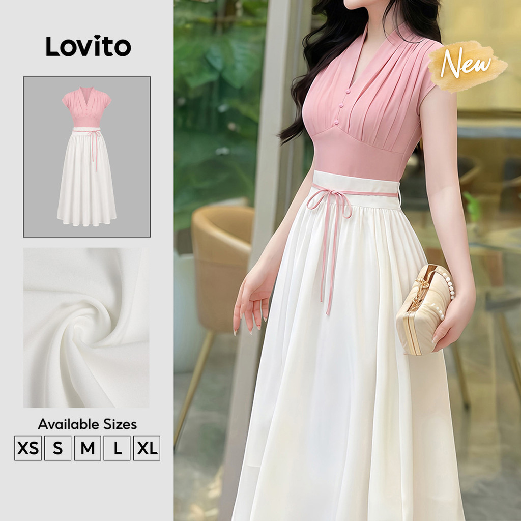 (New Arrival) Lovito Elegant Vestido Rosa Evasê Longo Com Botões E Drapeado Para Trabalho Primavera E Verão DRB201P1D272