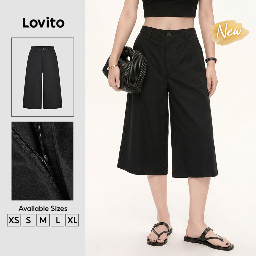 (New Arrival) Lovito Elegante Short Preto Cintura Alta Reto Botão Trabalho Diário Clássico Versátil Primavera Verão Para Mulheres STT204P1D066