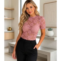 blusa feminina de renda e tule rosa manga curta elasticidade ajusta corpo