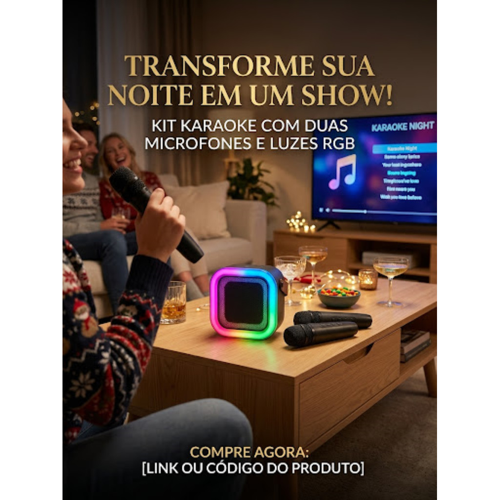 Caixa de Som Bluetooth com 2 Microfones – Karaokê em Casa Portátil com Luzes LED Coloridas e Alça
