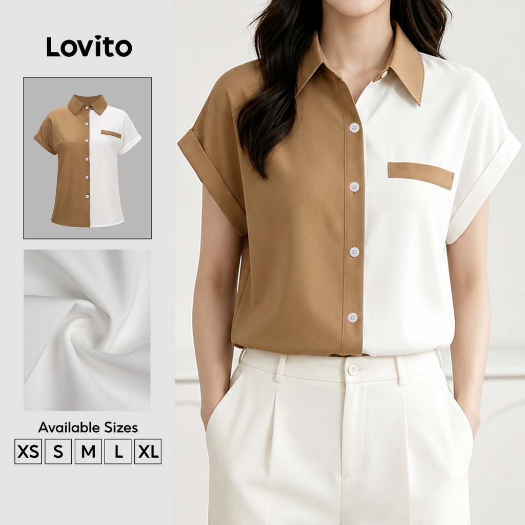 Lovito Blusa Elegante com Botões Cores Contrastantes Marrom Moca Primavera/verão para mulheres BLK8P1D257