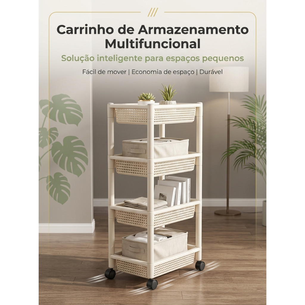 Carrinho Organizador Estreito 22cm com Rodinhas 3 ou 4 Andares Multiuso Cozinha Lavanderia Banheiro