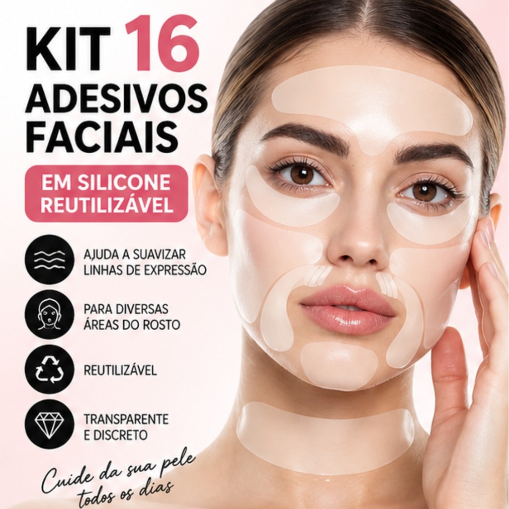 Kit 16 Adesivos Faciais Silicone Reutilizável Anti-rugas para Testa Olhos Boca Rosto Skincare