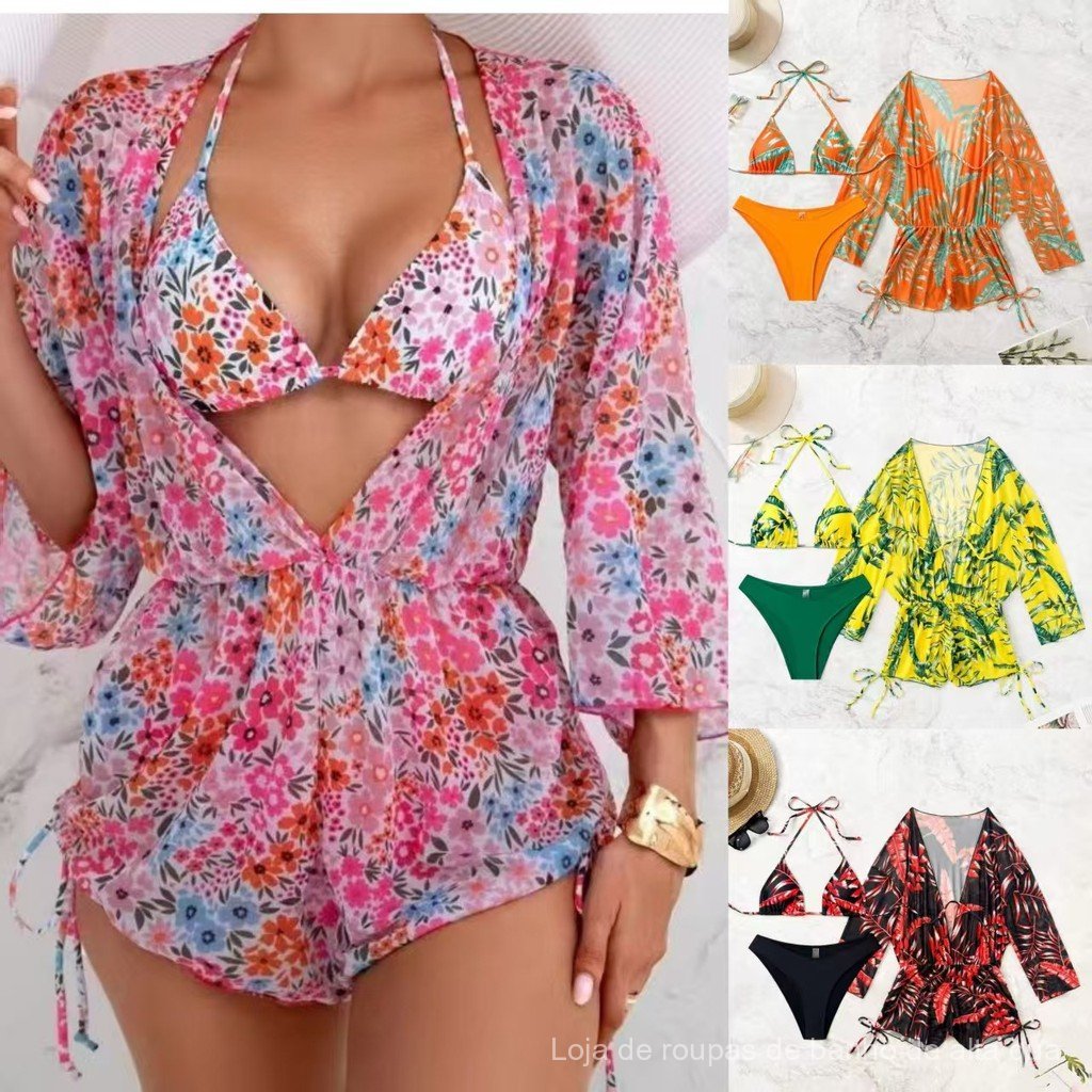 Biquíni feminino com estampa floral, conjunto de três peças com saída de rede e cordão, top com amarração, biquíni de du
