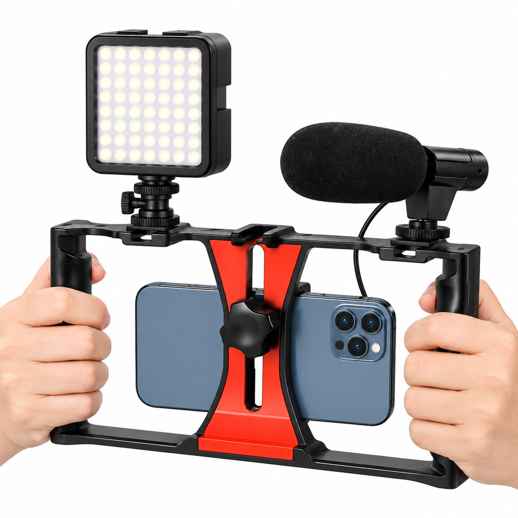 Kit Criador De Conteúdo Para Celular Com Estabilizador Microfone Luz LED Suporte Para Vlog E Gravação