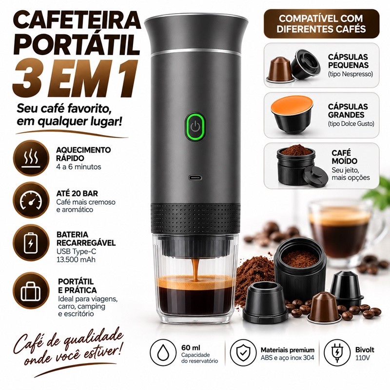Máquina de Café Expresso Portátil 3 em 1 Elétrica Preta Cafeteira cápsulas ou Café Moído Dibea