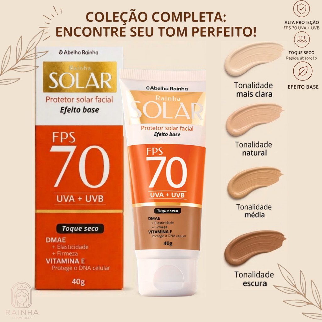 Protetor Solar Facial FPS 70 Abelha Rainha Toque Seco Sem Cor & Efeito Base Escolha Sua Cor