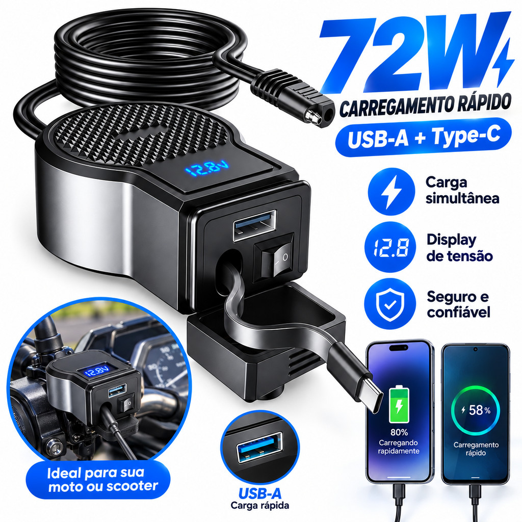 Carregador de Celular para Moto 72W USB Type-C 3.0 Turbo com Cabo Retrátil e Display Digital à Prova D'água