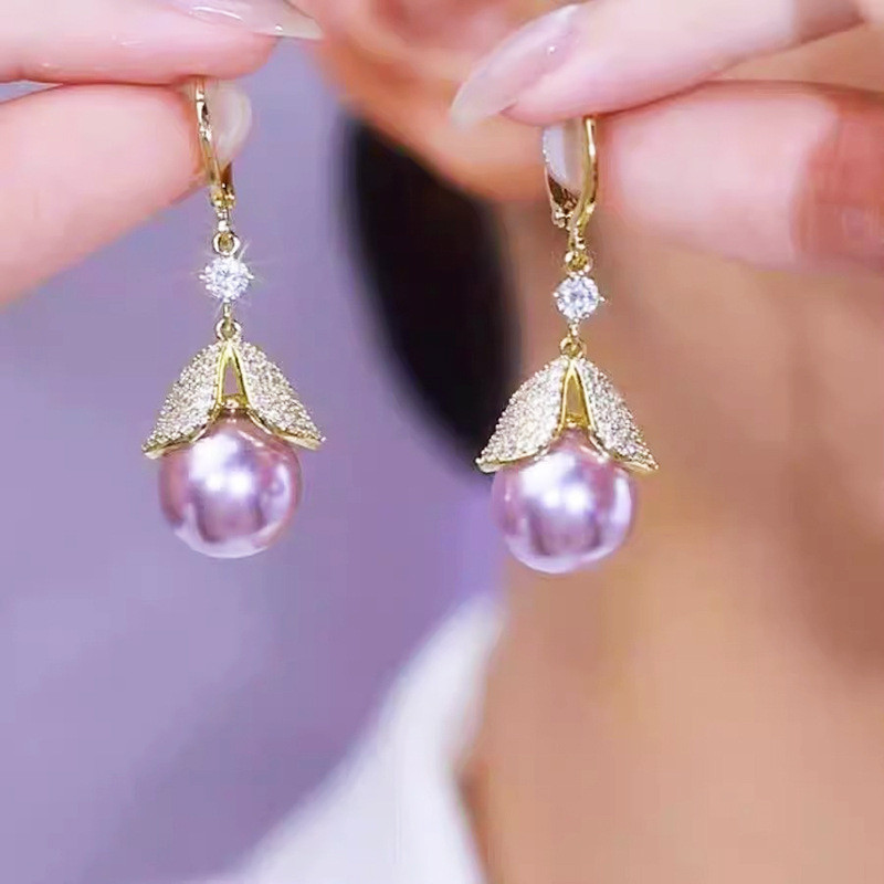 Brincos de pérola feminino roxo diamante-cravejado folhas Retro brincos elegante moda brincos jóias luz luxo High-End br