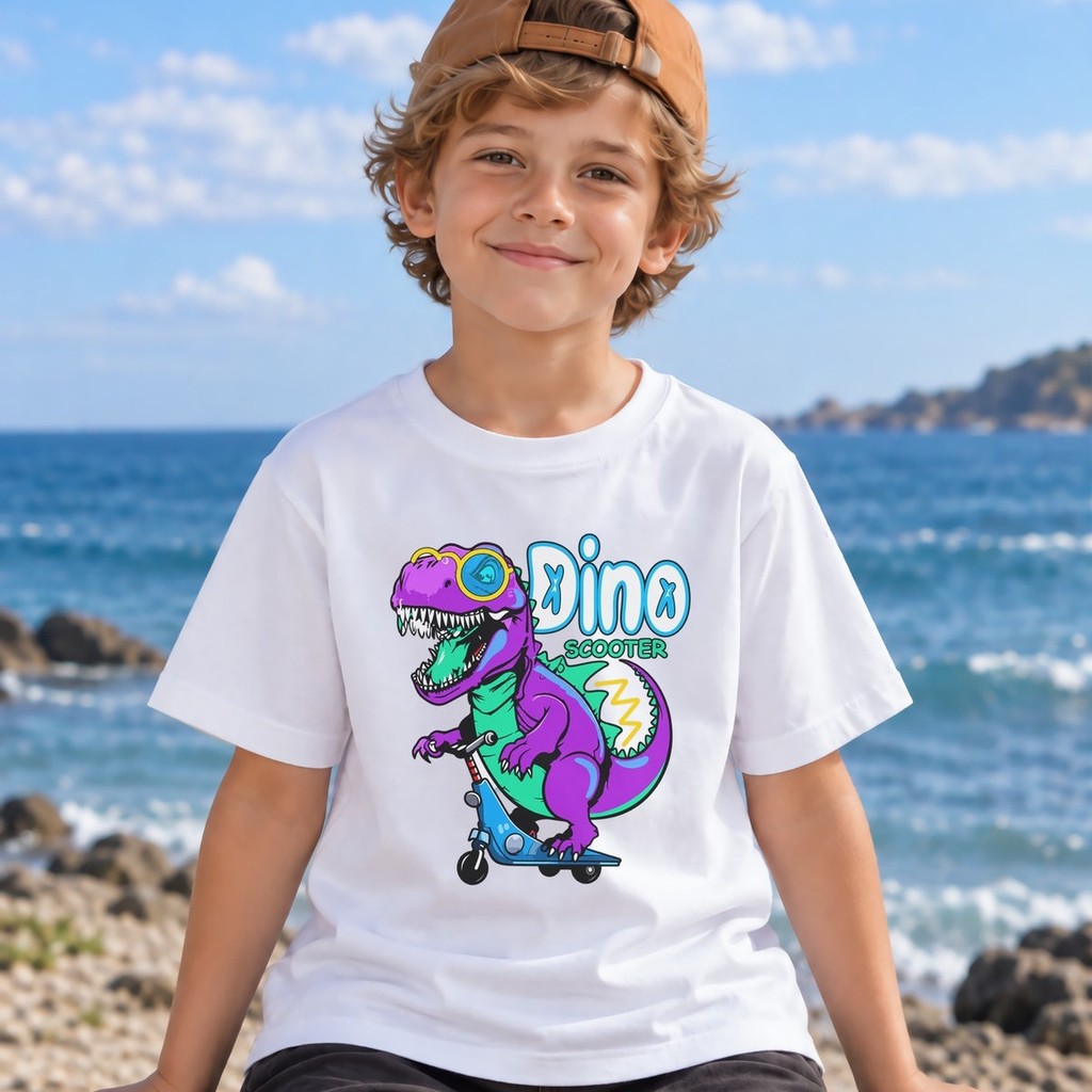 Camiseta Divertida 100% Algodão Dino Scooter Infantil Menino Estampada Dia a Dia Dinossauro Patinete