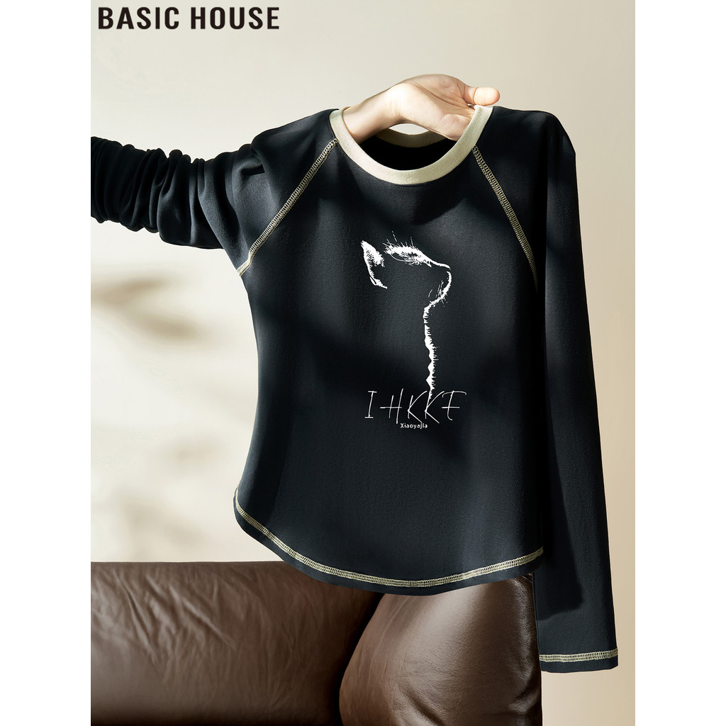 Casa Básica/Casa Básica Camiseta Manga Comprida Raglan Preta Estampada Slim-Fit Camisa de Fundo Feminina Outono