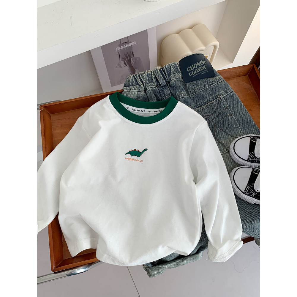 Camiseta de algodão puro para meninos primavera outono estilo ocidental médio pequeno crianças macio respirável camiseta