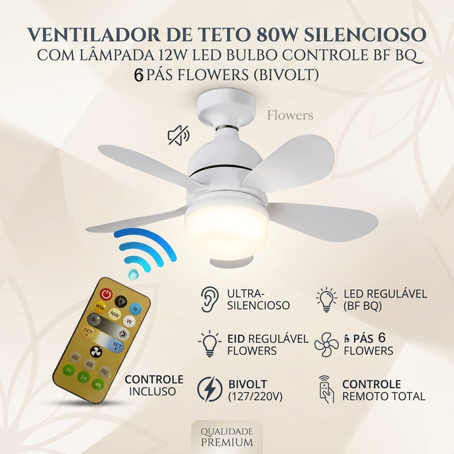 Ventilador de Teto 80w Silencioso com Lâmpada 12w Led Bulbo Controle BF BQ Bivolt 5 Pás Flowers