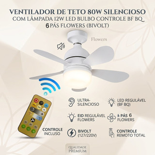 Ventilador de Teto 80w Silencioso com Lâmpada 12w Led Bulbo Controle BF BQ Bivolt 5 Pás Flowers