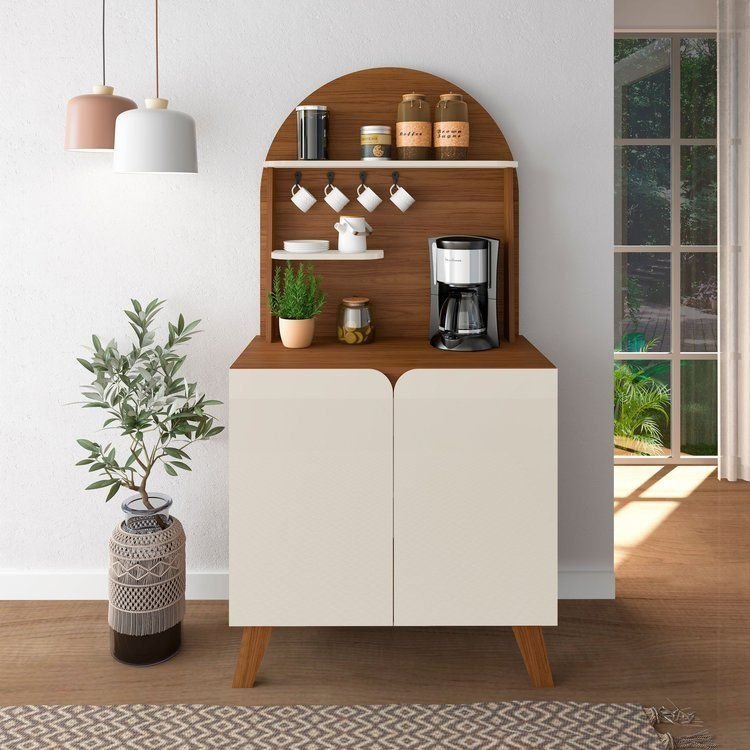Aparador Cantinho do Café 2 Portas com Suporte para Xícaras Viena Marrom/Cedro/Off White Cedro/Off White