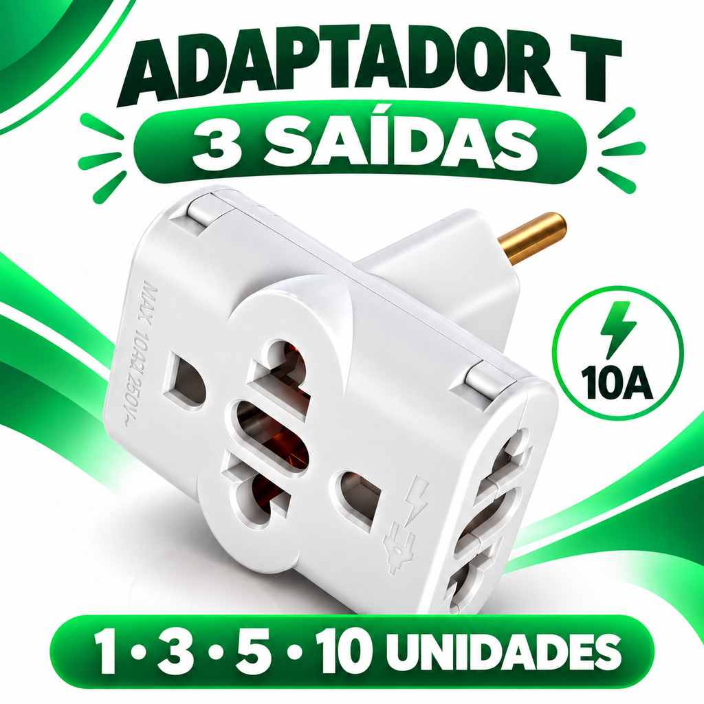 Adaptador Triplo de Tomada 10A Branco Modelo T Kits 1 3 5 10