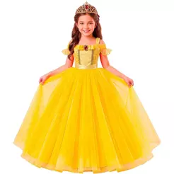 Fantasia Bela e a Fera Infantil pra Menina Vestido Princesa Longo Amarelo de Luxo Com Coroa