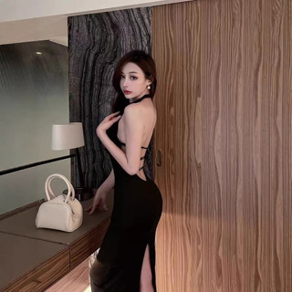 Vestido de celebridade justo com gola Halter, saia longa, slim fit, aparência elegante, slim fit, cintura estreita