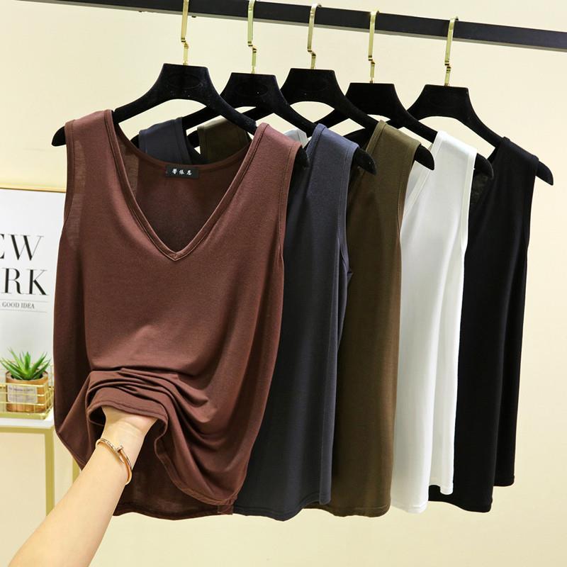 2026 verão Modal grande decote em V camisola feminina estilo fino sem mangas camisa de fundo All-Match cor sólida topo