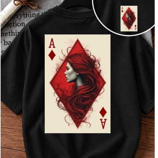 Camiseta Oversized Estilosa Carta Baralho Confortável Caimento no Ombro Camisa Streetwear 100% Algodão