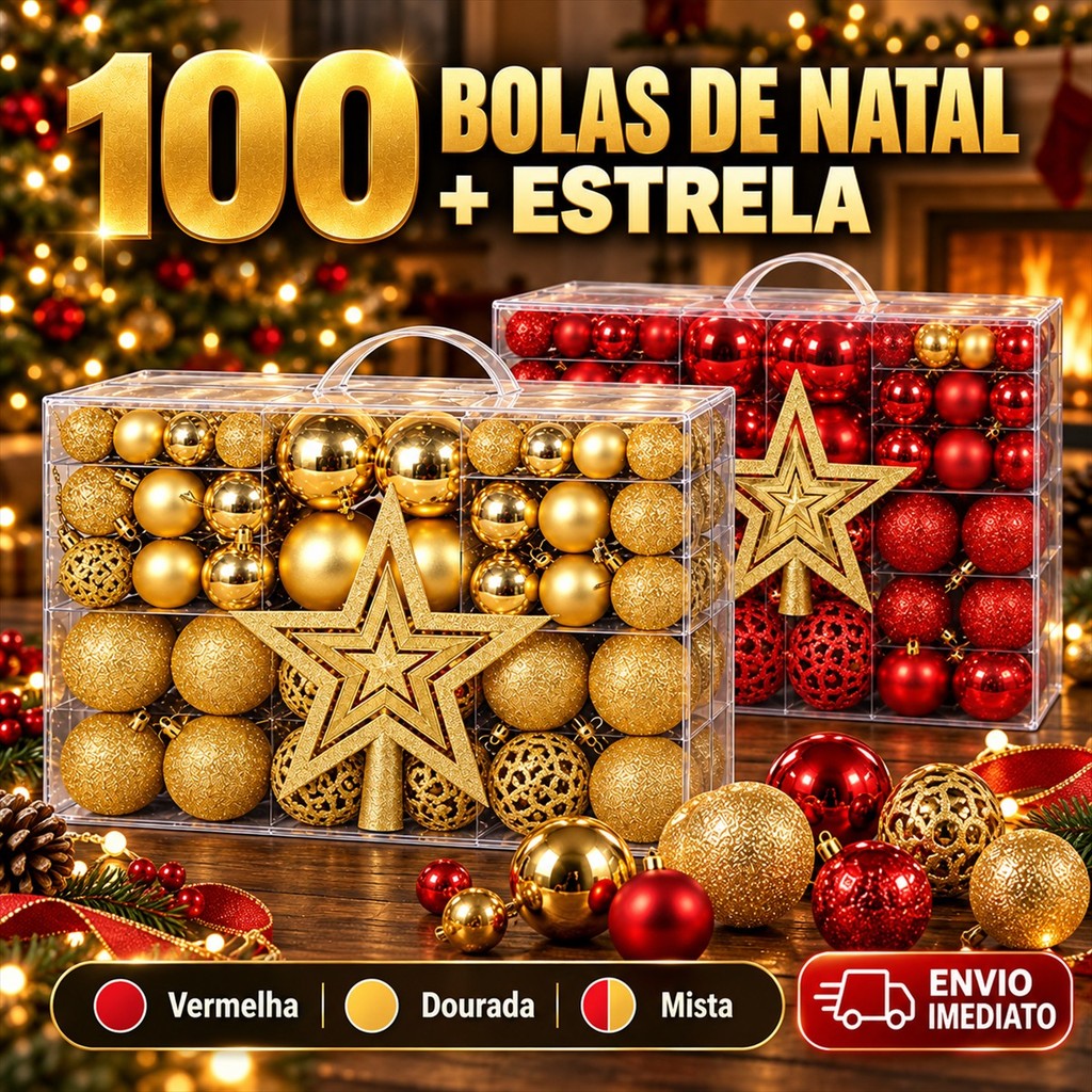 Kit 100 Bolas Natal Estrela Decoração Enfeite Árvore Fosca Glitter Lisa Vermelha Dourada Natalina