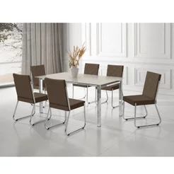 Conjunto Sala de Jantar Mesa Ortenia Tampo Vidro com 6 Cadeiras Dinah New Marrom/Cromado Cromado/Marrom