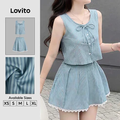 Lovito Casual Tops Or Bottoms Amarração Frontal Botão Frontal Babado Exagerado Top Azul Primavera/verão para Mulheres KSB201P1D720