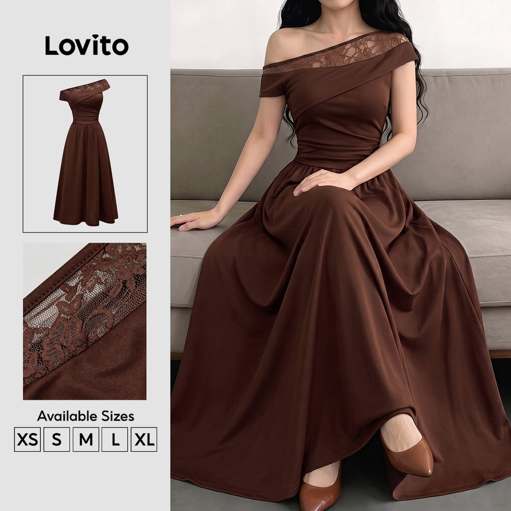 (New Arrival) Lovito Vestido Elegante de Renda Assimétrico com Costura de Tecidos Marrom Primavera/Verão DRK9P1D919